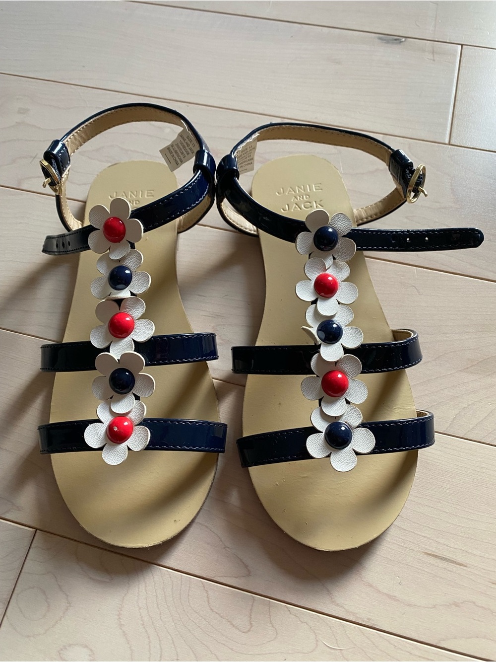 Janie and Jack Navy Sandals with White Flower Appliqués and Red Accents